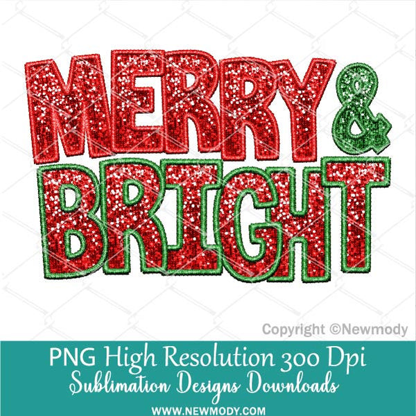 Merry And Bright Faux embroidery Sequin PNG, Red and Green